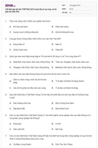 240 Bài tập thi thử THPTQG 2019 môn Địa lí cực hay có lời giải chi tiết (P6)
