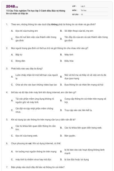 15 Câu Trắc nghiệm Tin học lớp 3 Cánh diều Bảo vệ thông tin cá nhân có đáp án