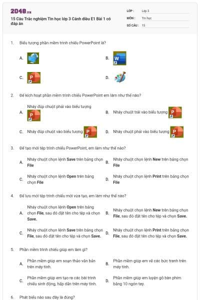 15 Câu Trắc nghiệm Tin học lớp 3 Cánh diều E1 Bài 1 có đáp án