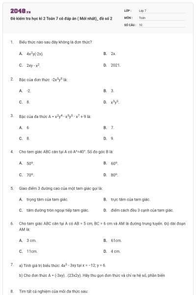 Đề kiểm tra học kì 2 Toán 7 có đáp án ( Mới nhất)_ đề số 2