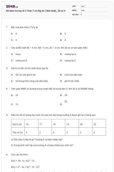 Đề kiểm tra học kì 2 Toán 7 có đáp án ( Mới nhất)_ đề số 4