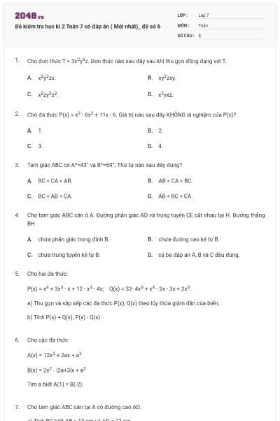 Đề kiểm tra học kì 2 Toán 7 có đáp án ( Mới nhất)_ đề số 6