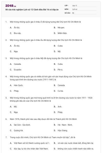 86 câu trắc nghiệm Lịch sử 12 Cánh diều Bài 16 có đáp án