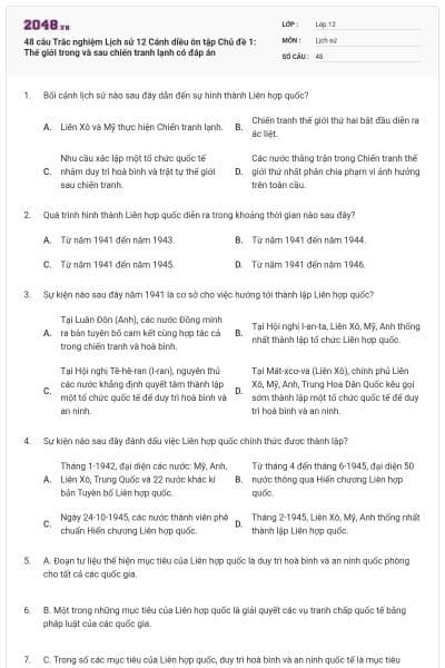 48 câu Trắc nghiệm Lịch sử 12 Cánh diều ôn tập Chủ đề 1: Thế giới trong và sau chiến tranh lạnh có đáp án