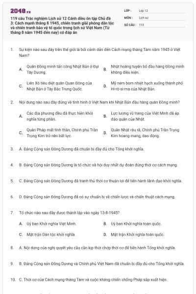 119 câu Trắc nghiệm Lịch sử 12 Cánh diều ôn tập Chủ đề 3: Cách mạnh tháng 8 1945, chiến tranh giải phóng dân tộc và chiến tranh bảo vệ tổ quốc trong lịch sử Việt Nam (Từ  tháng 8 năm 1945 đến nay) có đáp án