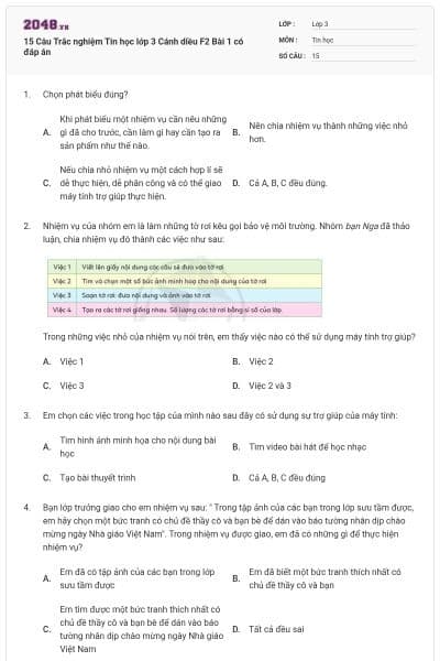 15 Câu Trắc nghiệm Tin học lớp 3 Cánh diều F2 Bài 1 có đáp án