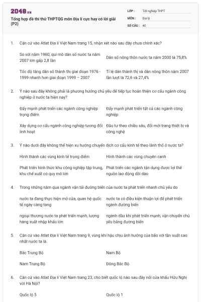 Tổng hợp đề thi thử THPTQG môn Địa lí cực hay có lời giải (P2)