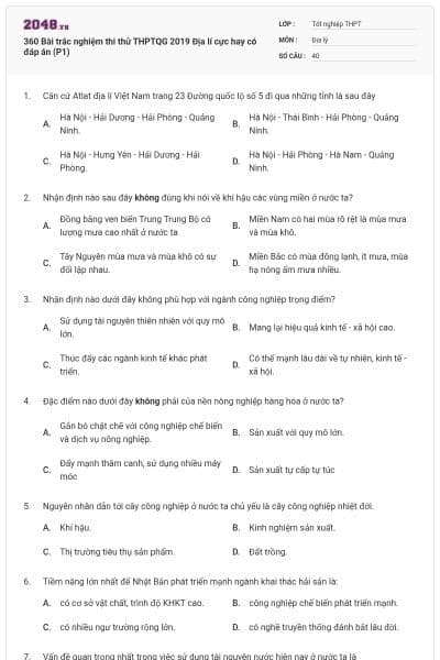 360 Bài trắc nghiệm thi thử THPTQG 2019 Địa lí cực hay có đáp án (P1)