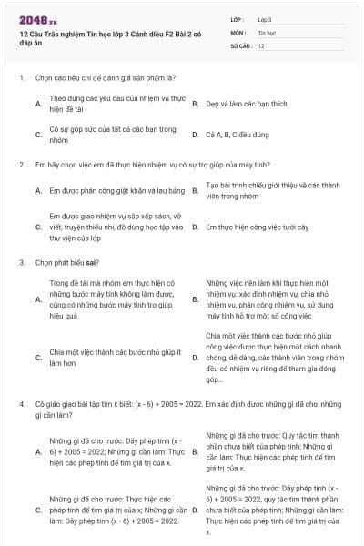 12 Câu Trắc nghiệm Tin học lớp 3 Cánh diều F2 Bài 2 có đáp án