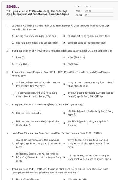 Trắc nghiệm Lịch sử 12 Cánh diều ôn tập Chủ đề 5: Hoạt động đối ngoại của Việt Nam thời cận - hiện đại có đáp án