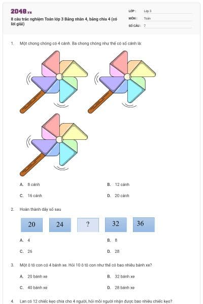 8 câu trắc nghiệm Toán lớp 3 Bảng nhân 4, bảng chia 4 (có lời giải)