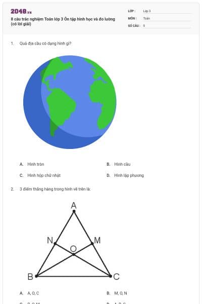 8 câu trắc nghiệm Toán lớp 3 Ôn tập hình học và đo lường (có lời giải)