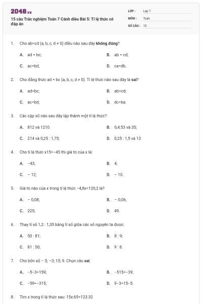 15 câu Trắc nghiệm Toán 7 Cánh diều Bài 5: Tỉ lệ thức có đáp án
