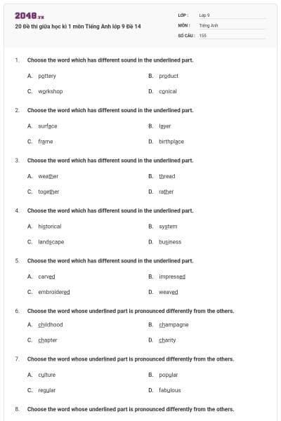 20 Đề thi giữa học kì 1 môn Tiếng Anh lớp 9 Đề 14
