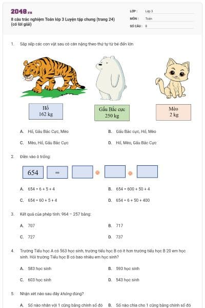 8 câu trắc nghiệm Toán lớp 3 Luyện tập chung (trang 24) (có lời giải)