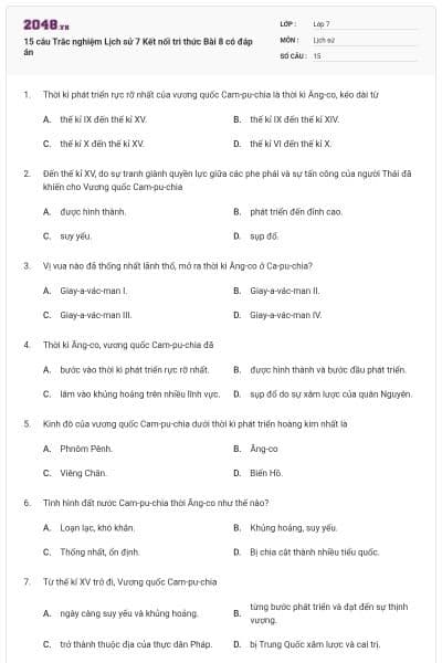 15 câu Trắc nghiệm Lịch sử 7 Kết nối tri thức Bài 8 có đáp án
