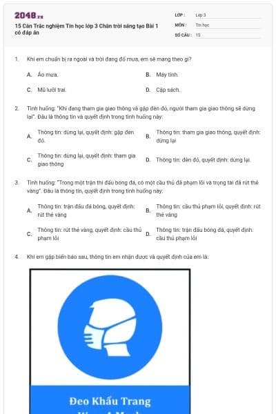 15 Cân Trắc nghiệm Tin học lớp 3 Chân trời sáng tạo Bài 1 có đáp án