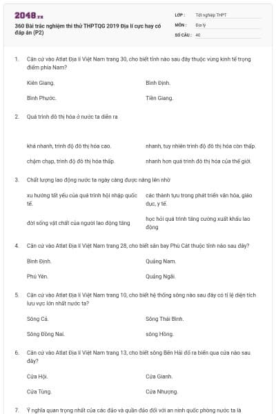 360 Bài trắc nghiệm thi thử THPTQG 2019 Địa lí cực hay có đáp án (P2)