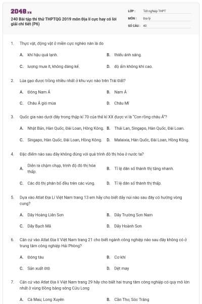240 Bài tập thi thử THPTQG 2019 môn Địa lí cực hay có lời giải chi tiết (P6)