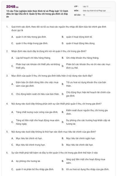 10 câu Trắc nghiệm kiến thức Kinh tế và Pháp luật 12 Cánh diều ôn tập Chủ đề 6: Quản lý thu chi trong gia đình có đáp án