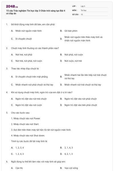 15 câu Trắc nghiệm Tin học lớp 3 Chân trời sáng tạo Bài 4 có đáp án