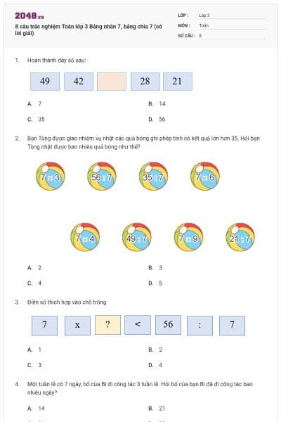 8 câu trắc nghiệm Toán lớp 3 Bảng nhân 7, bảng chia 7 (có lời giải)