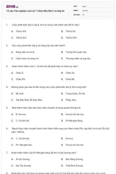 15 câu Trắc nghiệm Lịch sử 7 Cánh diều Bài 2 có đáp án