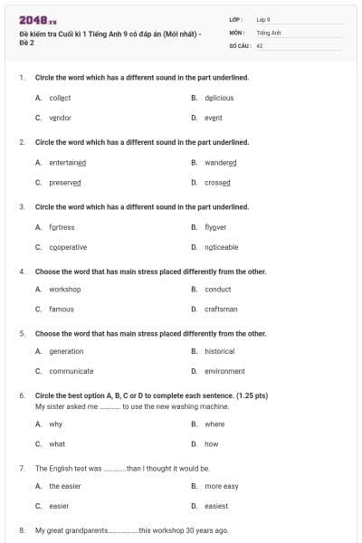 Đề kiểm tra Cuối kì 1 Tiếng Anh 9 có đáp án (Mới nhất) - Đề 2