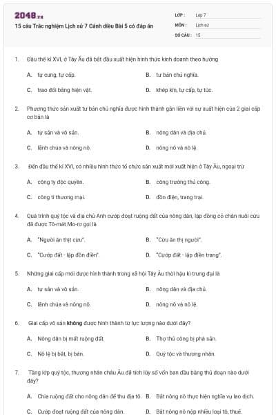15 câu Trắc nghiệm Lịch sử 7 Cánh diều Bài 5 có đáp án