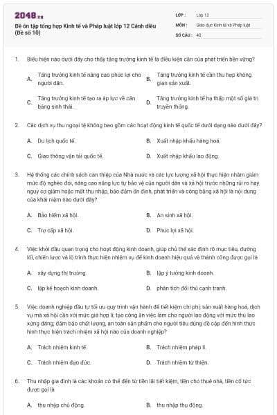 Đề ôn tập tổng hợp Kinh tế và Pháp luật lớp 12 Cánh diều (Đề số 10)