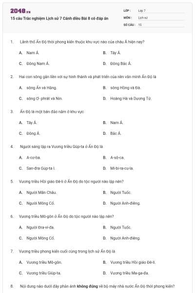 15 câu Trắc nghiệm Lịch sử 7 Cánh diều Bài 8 có đáp án