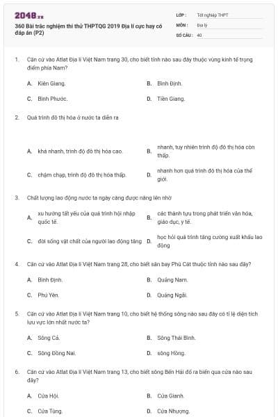 360 Bài trắc nghiệm thi thử THPTQG 2019 Địa lí cực hay có đáp án (P2)