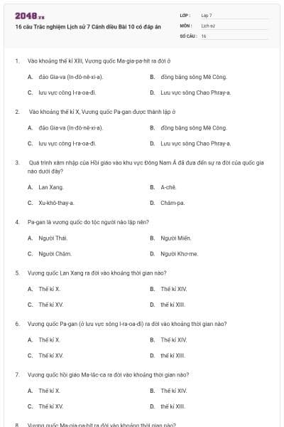 16 câu Trắc nghiệm Lịch sử 7 Cánh diều Bài 10 có đáp án