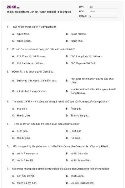 15 câu Trắc nghiệm Lịch sử 7 Cánh diều Bài 11 có đáp án