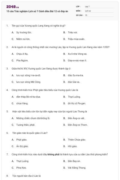 15 câu Trắc nghiệm Lịch sử 7 Cánh diều Bài 12 có đáp án