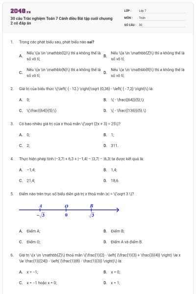 30 câu Trắc nghiệm Toán 7 Cánh diều Bài tập cuối chương 2 có đáp án