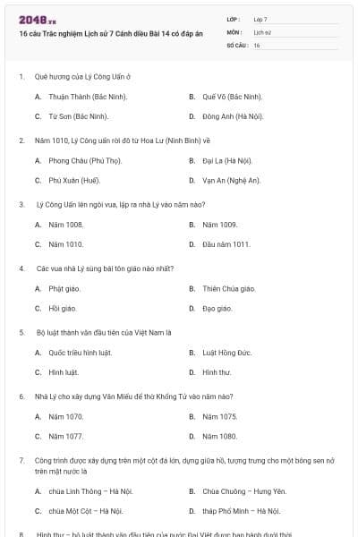 16 câu Trắc nghiệm Lịch sử 7 Cánh diều Bài 14 có đáp án
