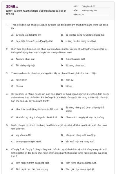 (2024) Đề minh họa tham khảo BGD môn GDCD có đáp án (Đề 39)