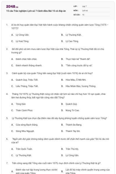 15 câu Trắc nghiệm Lịch sử 7 Cánh diều Bài 15 có đáp án