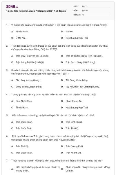 15 câu Trắc nghiệm Lịch sử 7 Cánh diều Bài 17 có đáp án
