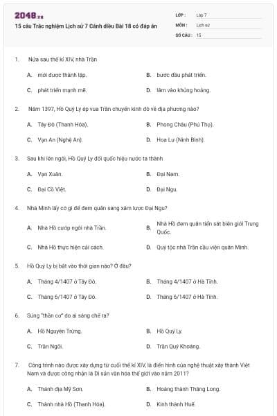15 câu Trắc nghiệm Lịch sử 7 Cánh diều Bài 18 có đáp án