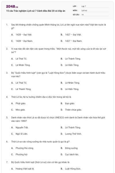 15 câu Trắc nghiệm Lịch sử 7 Cánh diều Bài 20 có đáp án