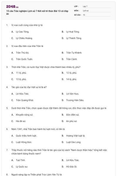 15 câu Trắc nghiệm Lịch sử 7 Kết nối tri thức Bài 13 có đáp án