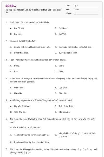15 câu Trắc nghiệm Lịch sử 7 Kết nối tri thức Bài 15 có đáp án