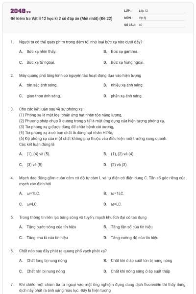 Đề kiểm tra Vật lí 12 học kì 2 có đáp án (Mới nhất) (Đề 22)