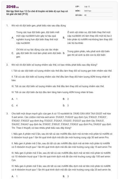 Bài tập Sinh học 12 Cơ chế di truyền và biến dị cực hay có lời giải chi tiết (P15)