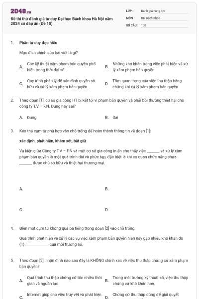 Đề thi thử đánh giá tư duy Đại học Bách khoa Hà Nội năm 2024 có đáp án (Đề 10)