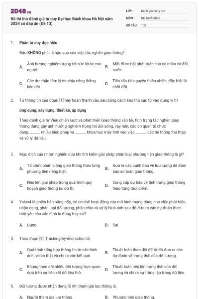 Đề thi thử đánh giá tư duy Đại học Bách khoa Hà Nội năm 2024 có đáp án (Đề 13)