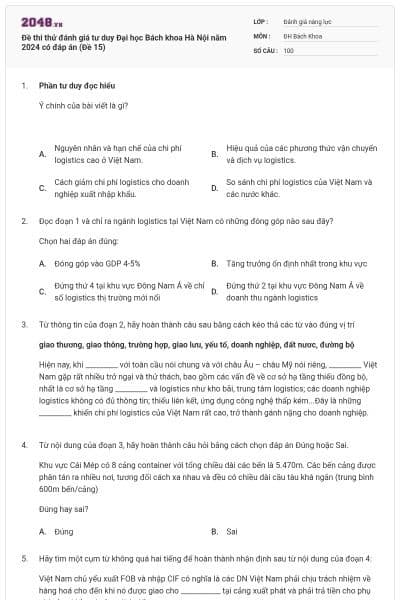 Đề thi thử đánh giá tư duy Đại học Bách khoa Hà Nội năm 2024 có đáp án (Đề 15)