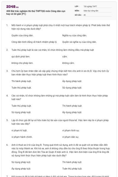 400 Bài trắc nghiệm thi thử THPTQG môn Công dân cực hay có lời giải (P1)